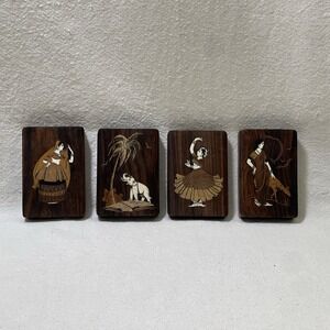 Vintage India Inlaid Wood Plaques Set of‎ 4 Folk Dance Wall Art Handmade Decor